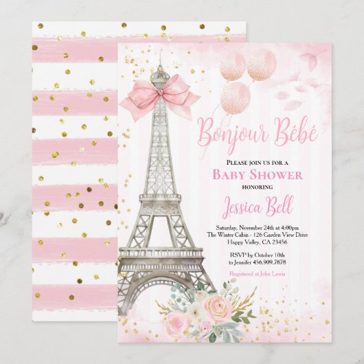 Bonjour Bebe Paris Meisje Baby shower Roze Eiffel Kaart (Voorkant / Achterkant)