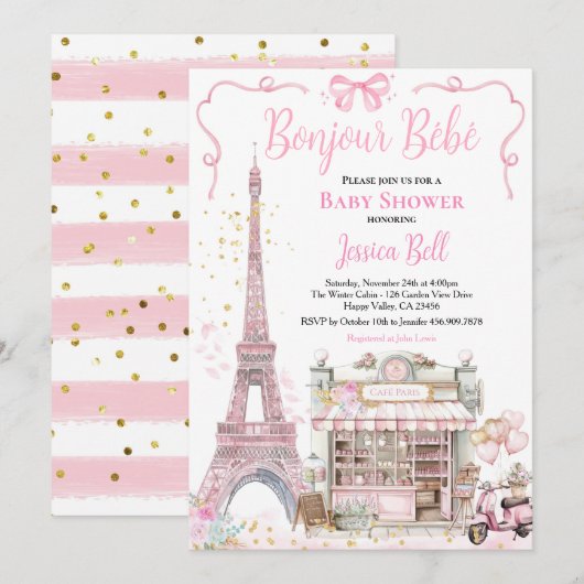 Bonjour Bebe Paris Meisje Baby shower Roze Eiffel Kaart (Voorkant / Achterkant)