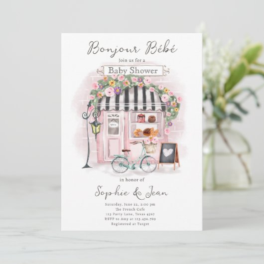 Bonjour Bebe Paris Parisian French Baby shower Inv Kaart (Staand voorkant)