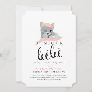 Bonjour Bebe Pink Beret Cat Girl Baby shower Kaart