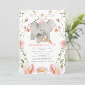 Bonjour Bébé Pink Beret Elephant Baby shower Kaart (Staand voorkant)