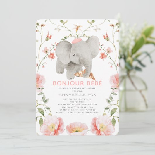 Bonjour Bébé Pink Beret Elephant Baby shower Kaart (Staand voorkant)