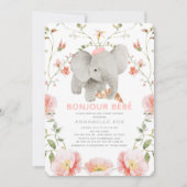 Bonjour Bébé Pink Beret Elephant Baby shower Kaart (Voorkant)