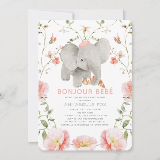 Bonjour Bébé Pink Beret Elephant Baby shower Kaart (Voorkant)