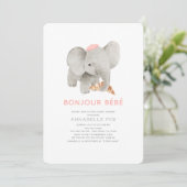 Bonjour Bébé Pink Beret Elephant Baby shower Kaart (Staand voorkant)