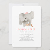 Bonjour Bébé Pink Beret Elephant Baby shower Kaart (Voorkant)