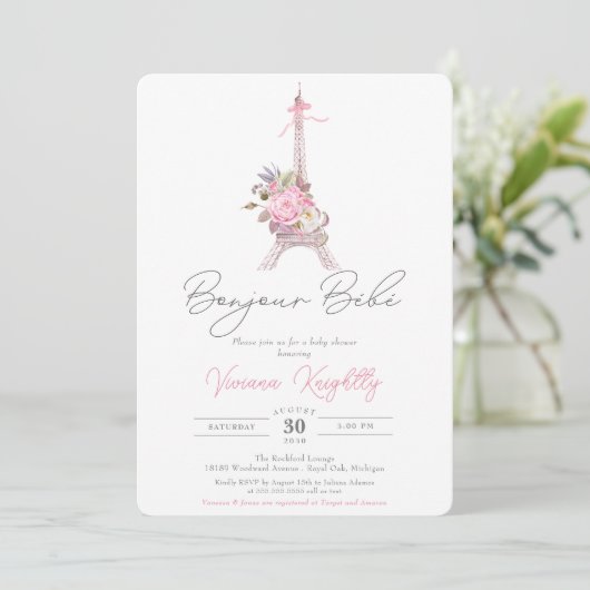 Bonjour Bebe, Pink Floral Eiffel Paris Baby shower Kaart (Staand voorkant)