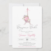 Bonjour Bebe, Pink Floral Eiffel Paris Baby shower Kaart (Voorkant)