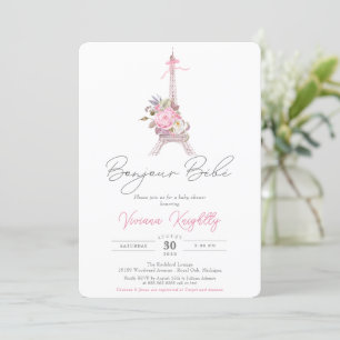 Bonjour Bebe, Pink Floral Eiffel Paris Baby shower Kaart
