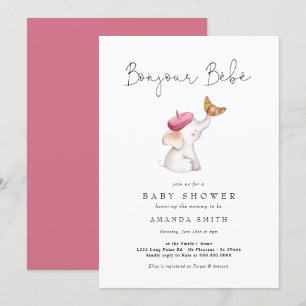 Bonjour Bebe Pink French Elephant Baby shower Kaart