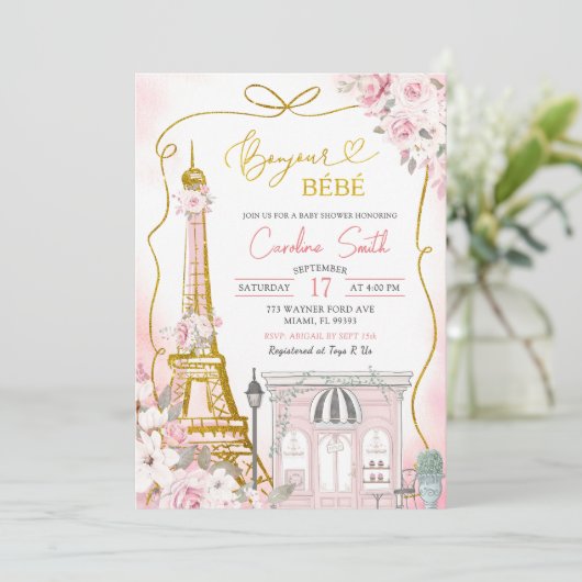 Bonjour Bebe Pink Parijse Café Baby shower Kaart (Staand voorkant)