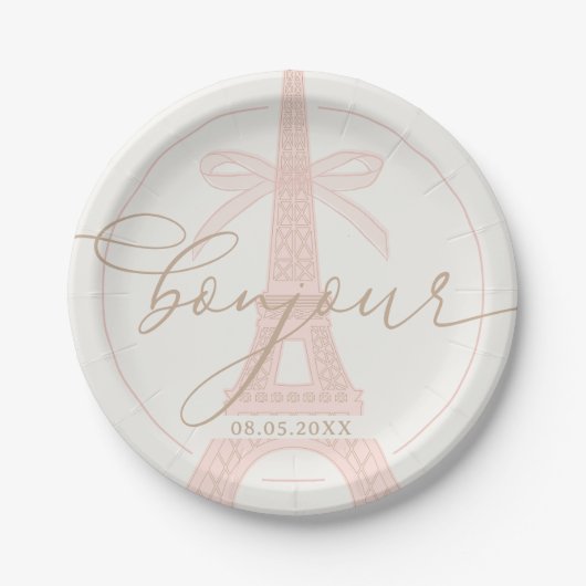 Bonjour Bébé Pink Paris Eiffel Baby Shower Papieren Bordje (Voorkant)