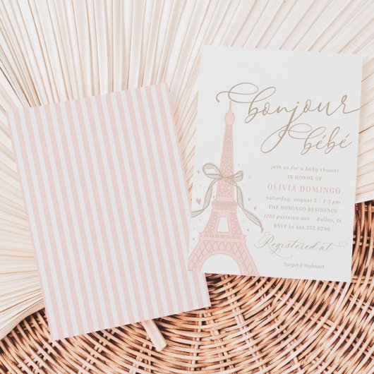 Bonjour Bébé Pink Paris Eiffel Tower Baby Shower Kaart