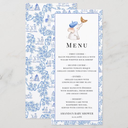 Bonjour Bebe Romantic Mannen Baby shower Menu (Voorkant / Achterkant)