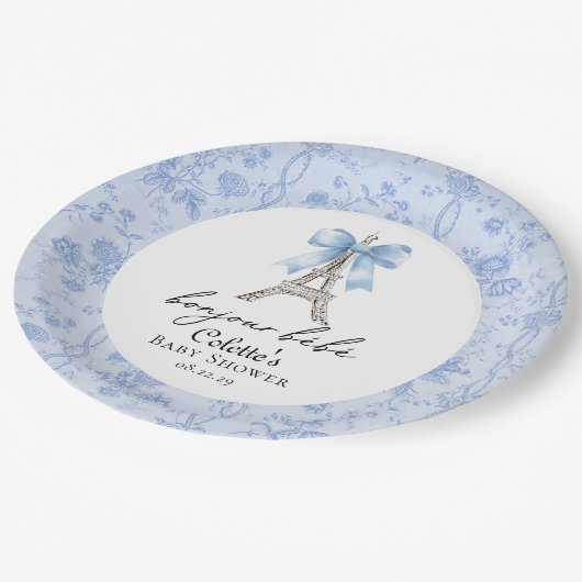 Bonjour Bebe Romantisch Blauw Frans Toile Papieren Bordje (Gekanteld)