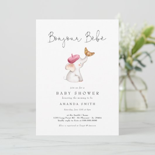 Bonjour Bebe Roze Franse olifant Baby shower Kaart (Staand voorkant)
