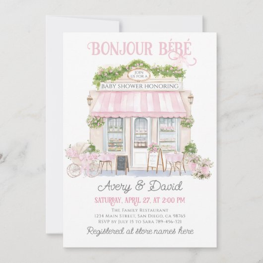 Bonjour Bebe Roze Parijse Cafe Baby Meisje Douche Kaart (Voorkant)