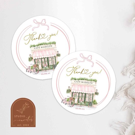 Bonjour bébé Roze Parijse cafe Bedankt Stickers