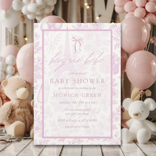 Bonjour Bebe Roze Toile Frans Meisje Baby shower Kaart