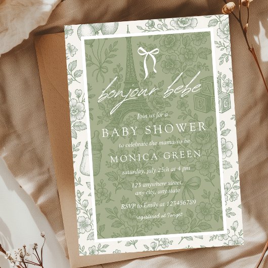 Bonjour Bebe Sage Green Toile Frans Baby shower Kaart