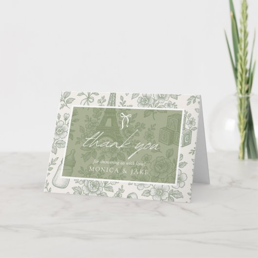 Bonjour Bebe Sage Green Toile French Baby Shower Bedankkaart (Voorkant)