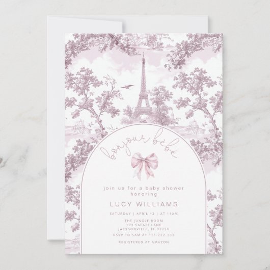 Bonjour Bebe Toile Pink Bow Frans Baby shower Kaart (Voorkant)