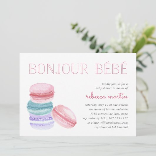 Bonjour Bébé | Uitnodiging Baby shower Macaron (Staand voorkant)