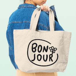 Bonjour Eenvoudige Moderne Bloemen Frans Groet Grote Tote Bag