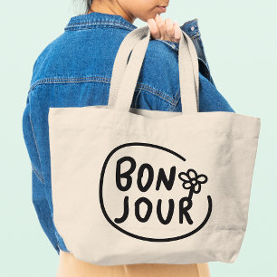 Bonjour Eenvoudige Moderne Bloemen Frans Groet Grote Tote Bag