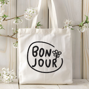 Bonjour Eenvoudige Moderne Bloemen Frans Groet Tote Bag
