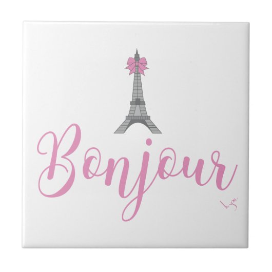 Bonjour-Eiffel Tower Bow Unieke Tegeltje (Voorkant)