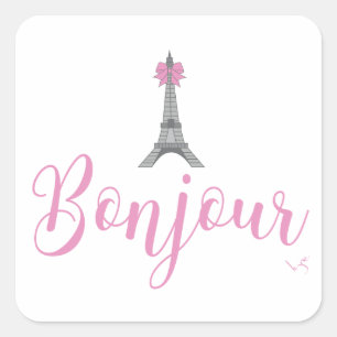 Bonjour-Eiffel Tower Bow Unieke Vierkante Sticker