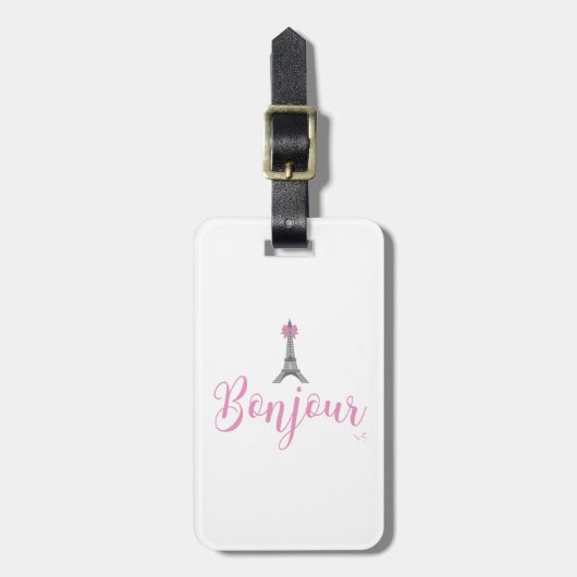 Bonjour-Eiffel Tower Pink Bow Bagagelabel (Voorkant verticaal)