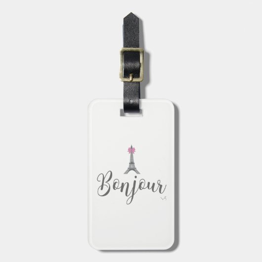 Bonjour-Eiffel Tower Pink Bow Bagagelabel (Voorkant verticaal)