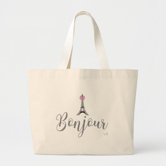Bonjour-Eiffel Tower Pink Bow Grote Tote Bag (Voorkant)