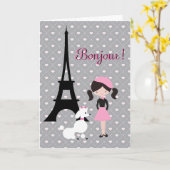 Bonjour Eiffel Tower, Poodle and Girl Birthday Kaart (Gele Bloem)