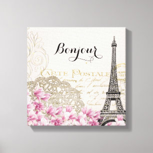Bonjour  Eiffeltoren collage met bloemen Canvas Afdruk