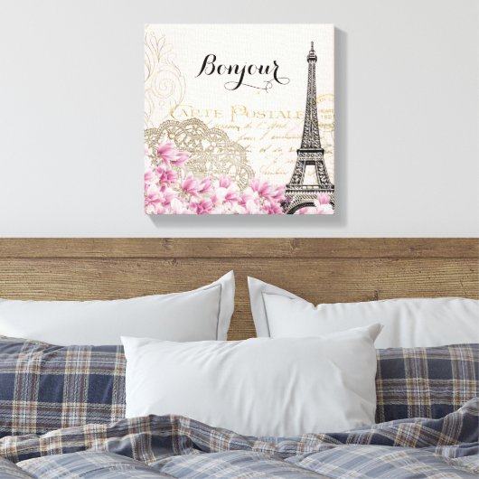 Bonjour Eiffeltoren collage met bloemen Canvas Afdruk (Insitu (Slaapkamer))