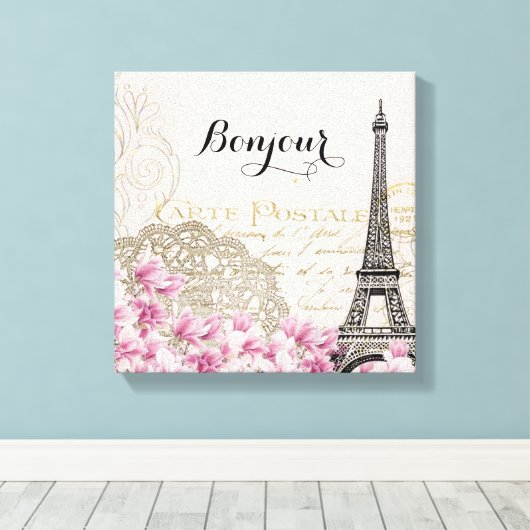Bonjour Eiffeltoren collage met bloemen Canvas Afdruk (Insitu (Houten vloer))
