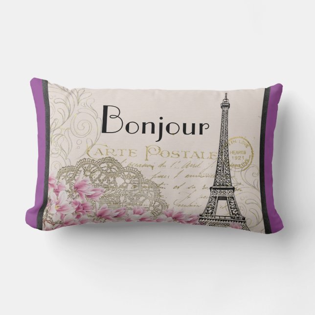 Bonjour  Eiffeltoren collage met bloemen Kussen (Voorkant)