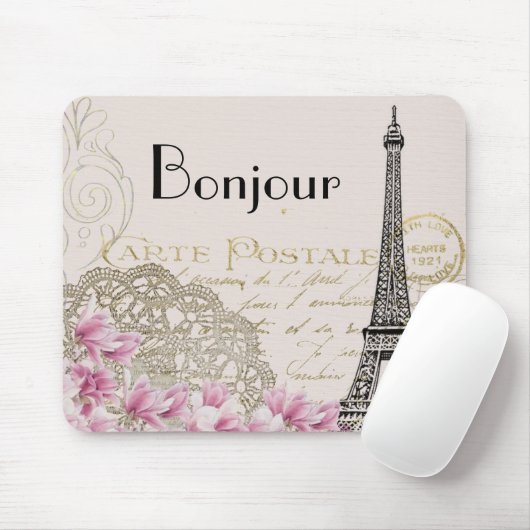 Bonjour Eiffeltoren collage met bloemen Muismat (Met muis)