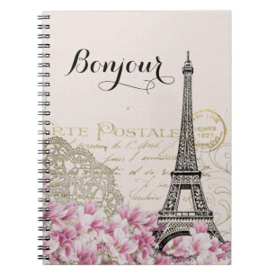 Bonjour  Eiffeltoren collage met bloemen Notitieboek