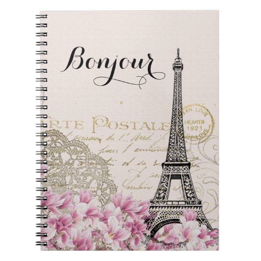 Bonjour  Eiffeltoren collage met bloemen Notitieboek (Voorkant)