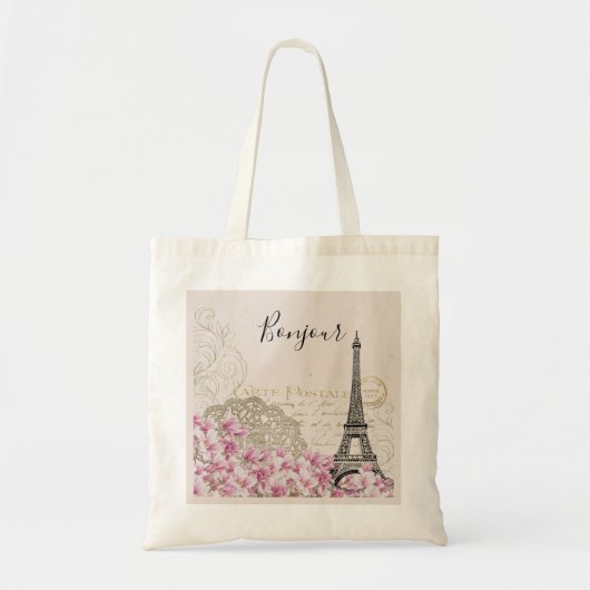Bonjour  Eiffeltoren collage met bloemen Tote Bag (Voorkant)