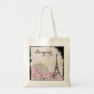 Bonjour  Eiffeltoren collage met bloemen Tote Bag