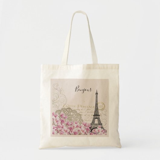 Bonjour  Eiffeltoren en roze bloemen Tote Bag (Voorkant)