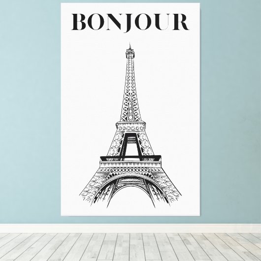 Bonjour Eiffeltoren - Parijse Chic gestrekt Canvas Afdruk (Insitu (Houten vloer))