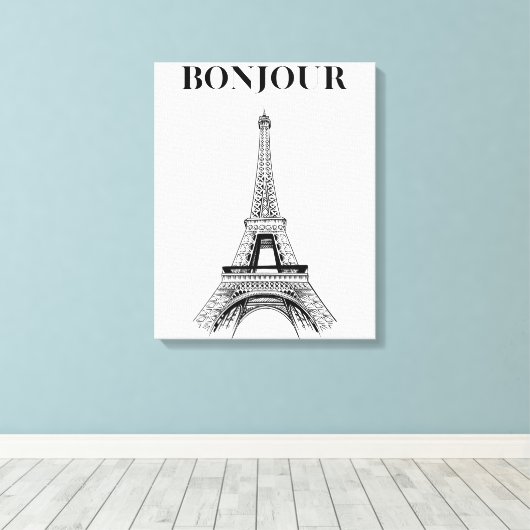 Bonjour Eiffeltoren - Parijse Chic gestrekt Canvas Afdruk (Insitu (Houten vloer))