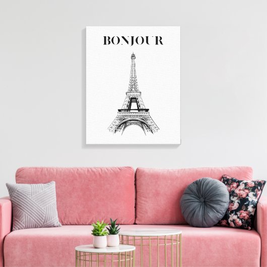 Bonjour Eiffeltoren - Parijse Chic gestrekt Canvas Afdruk (Insitu (Woonkamer))
