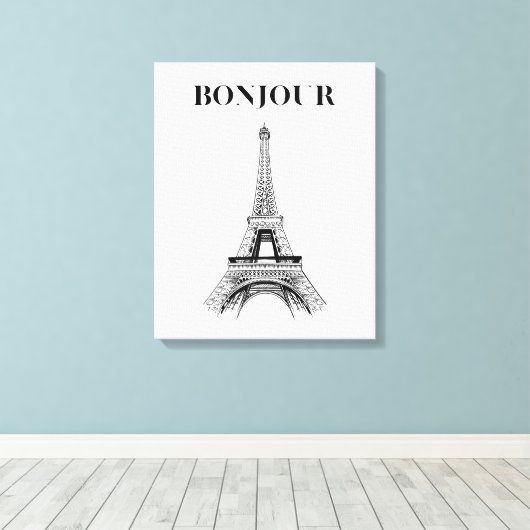 Bonjour Eiffeltoren - Parijse Chic gestrekt Canvas Afdruk (Insitu (Houten vloer))